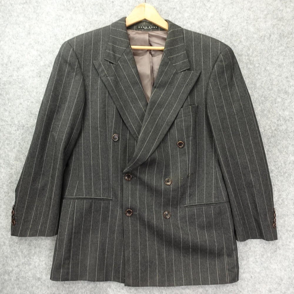 Vintage Hugo Boss Double Breasted Pinstripe Wool Blazer 42S Charcoal Canonico